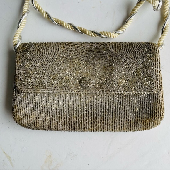 Vintage "RICHERE" Beaded Purse Evening Bag Silver Gold 1960's Hand Made in Japan - Picture 2 of 16